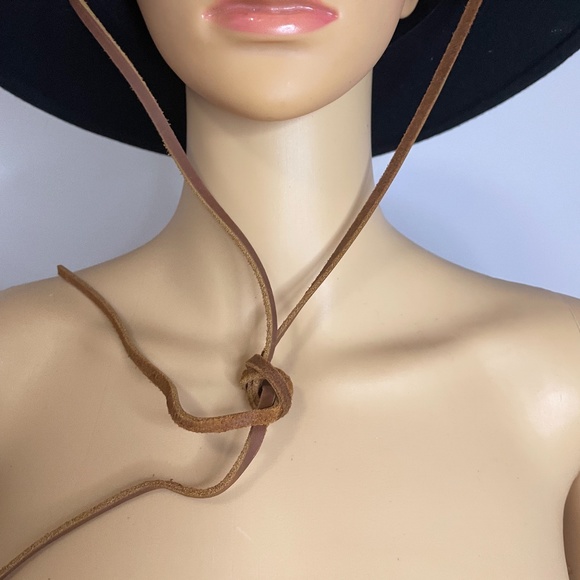 NWT black felt wide brim boho glam Brixton hat with brown suede drawstring tie. main image 11